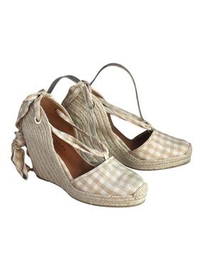 NIB Altuzarra Gingham Espadrille Wedge Sandals 41 Biscotti Ivory Lace Up Spain